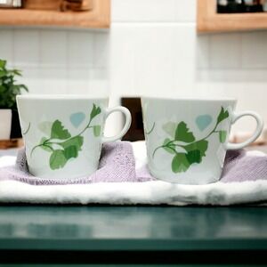 IKEA STILENLIG STILENLIG Mug, Leaf Patterned; White & Green Mug Set of 2